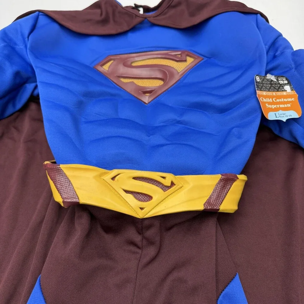 Rubie's Superman Costume Bodysuit Boys 12-14 Blue Cape Belt 3 Piece Halloween